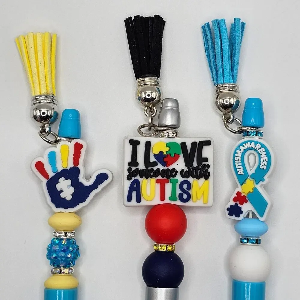 Autism Awareness Beaded Ink Pen with Tassel Charm Silicone Focal Bead SET OF 3